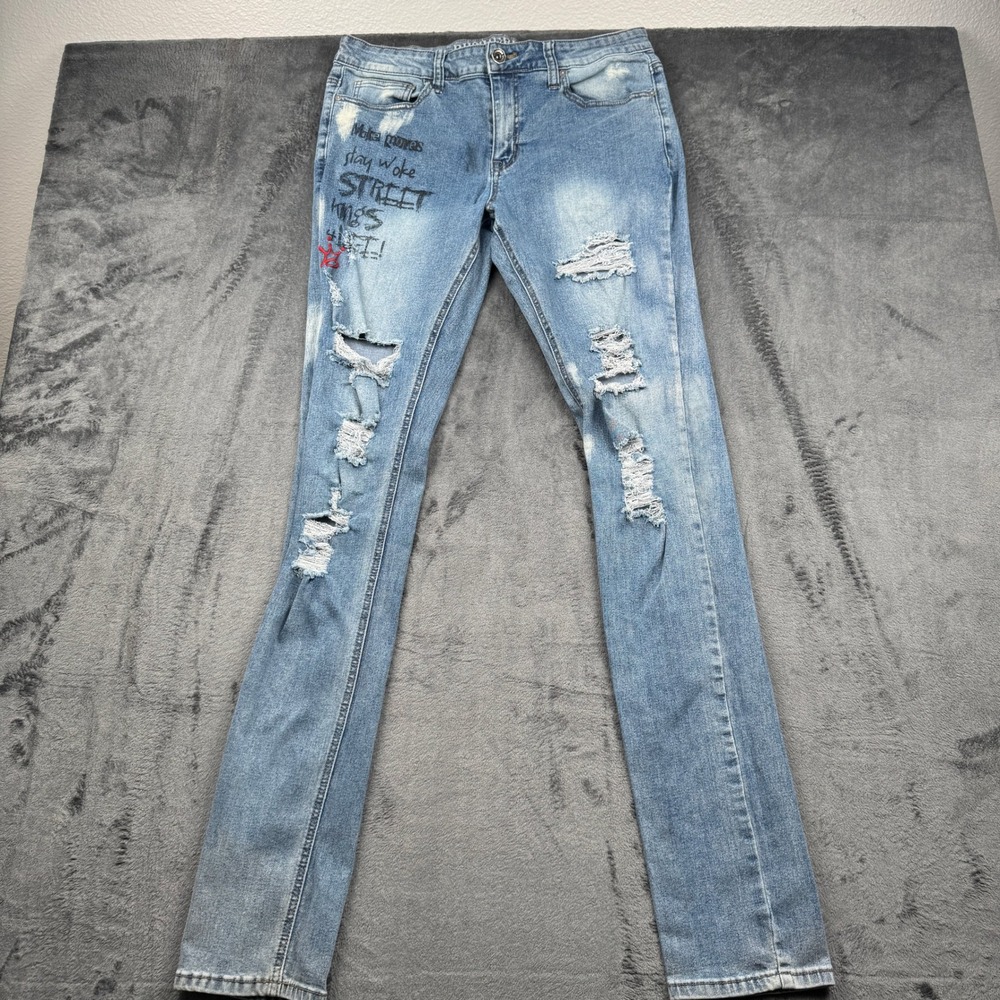 Rutherford Mens 32 Stacked Skinny Distressed Graffiti Graphic Jeans Light Wash